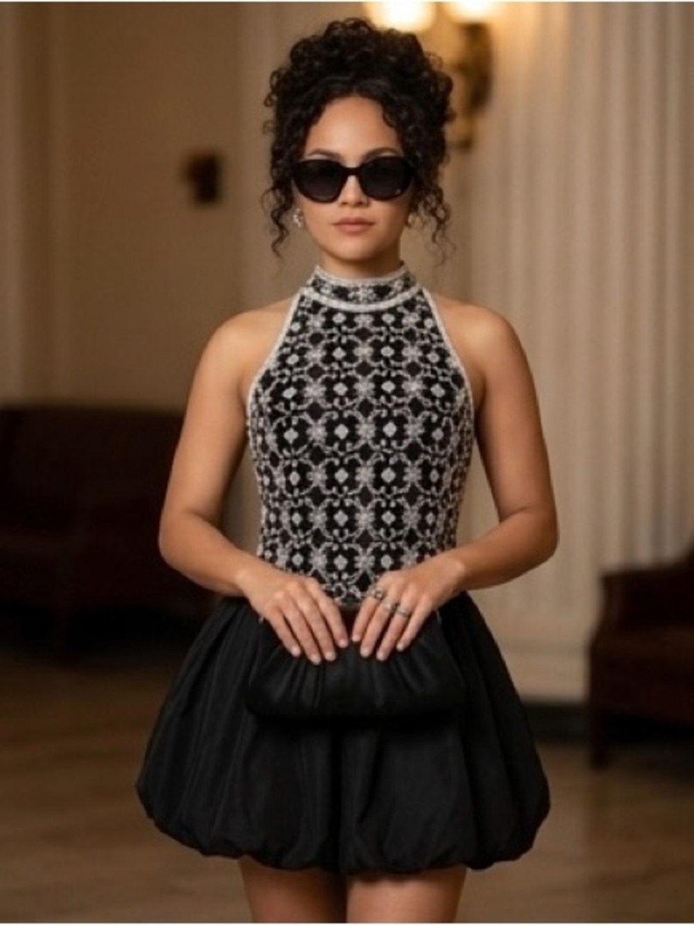 Papell Boutique Black Silver Beaded Halter Evening Top Art Deco Small